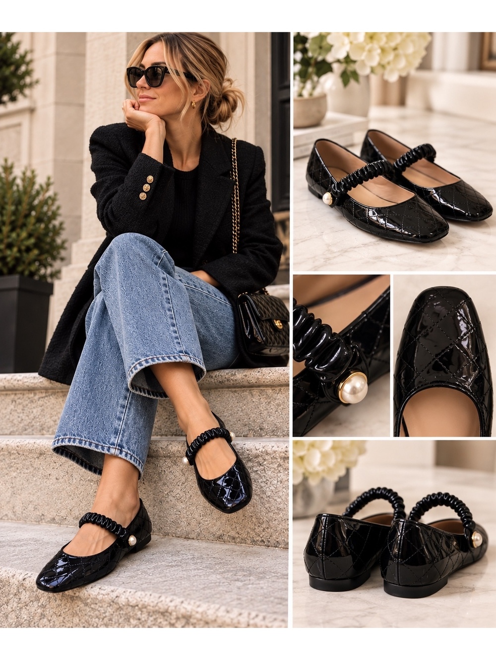 C.Paravano Black Patent Leather Quilted Pearl Mary Jane Flats US 9.5